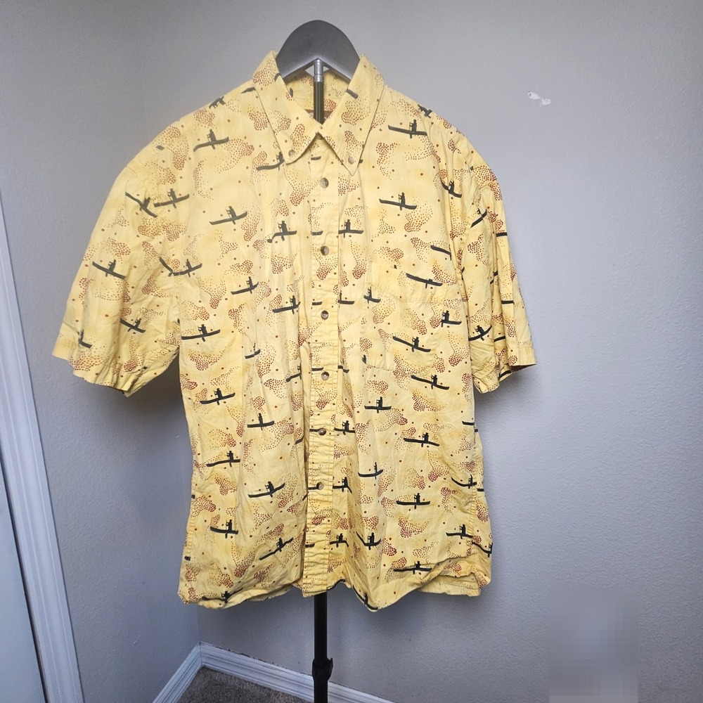 Bob Timberlake Button Down Men Large Yellow Canoe Print Rustic Gorpcore